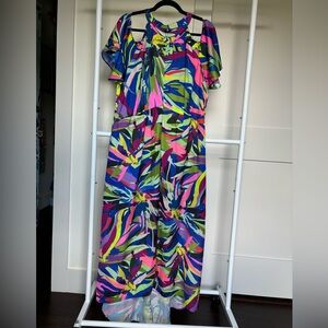 Gibson Latimer Printed High-Low Dress with Cut Out Detail at Shoulders